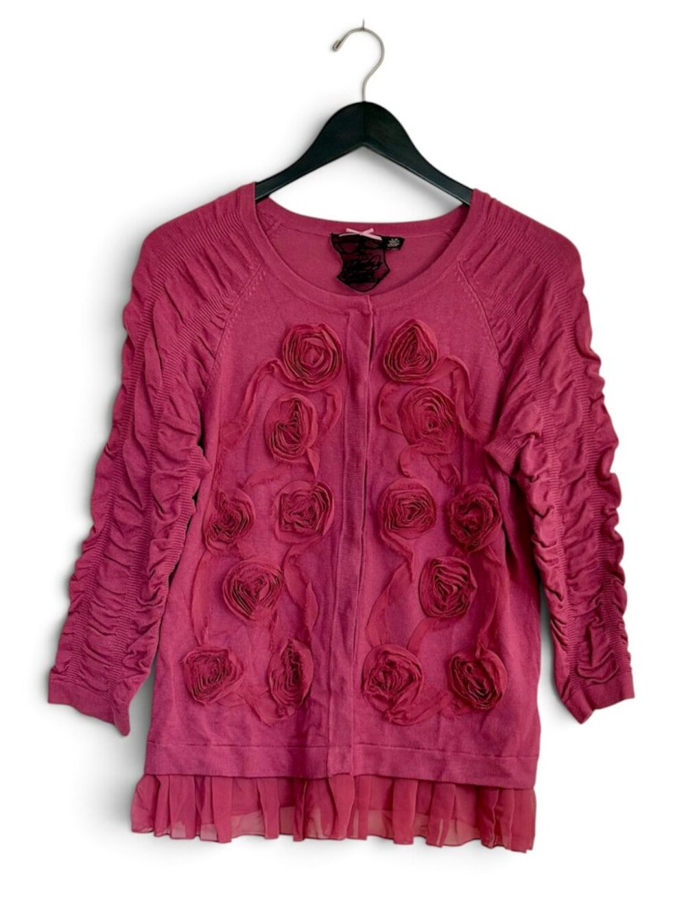 Forever 21 Magenta Rosette 3D Floral Cardigan Sweater Knit Ruffle Hem Large